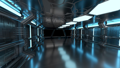 Wall Mural - spaceship blue interior with empty window 3d rendering elements