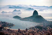 The Sugarloaf Mountain In Morning Mist And Botafogo Bay, Rio De Janeiro