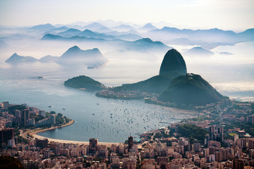 The Sugarloaf mountain in morning mist and Botafogo bay, Rio de Janeiro