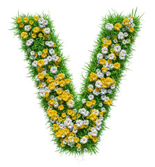 Letter V Of Green Grass And Flowers