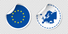 Europe Sticker With Flag And Map. European Union Label, Round Tag With Country. Vector Illustration On Isolated Background.
