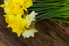 Fresh Spring Daffodils Light And Dark Yellow Flowers On Wooden Textured Table