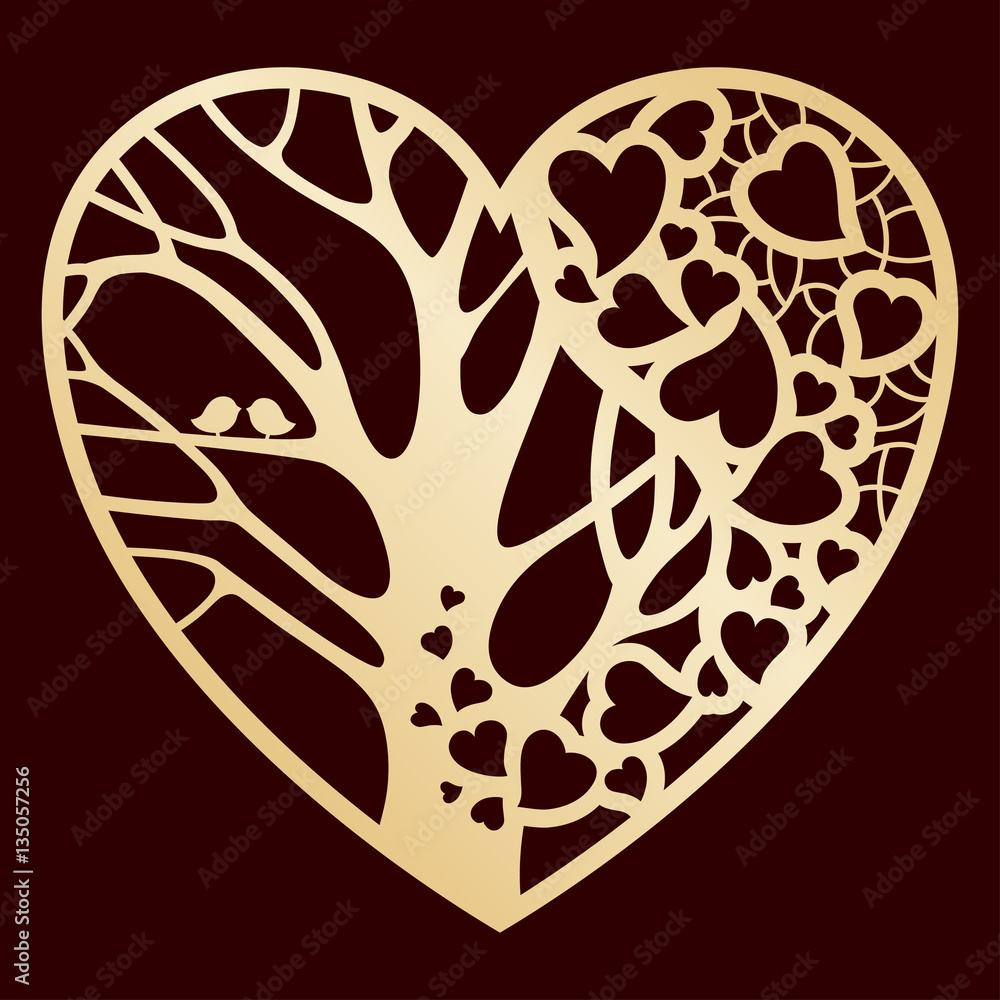 Openwork golden heart with a tree inside. Laser cutting or foiling template  for greeting cards, envelopes, wedding invitations, decorative art objects.  Stock Vector | Adobe Stock, image size:1000x1000