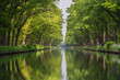 Symmetry view on flow line of men-made canal in Belgium with reflection