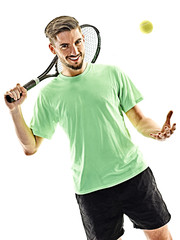 Wall Mural - one caucasian  man playing tennis player isolated on white background