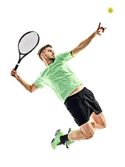 Wall Mural - one caucasian  man playing tennis player isolated on white background