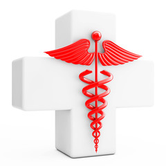 Poster - Red Caduceus Symbol  in front of White Cross. 3d Rendering
