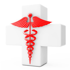 Poster - Red Caduceus Symbol  in front of White Cross. 3d Rendering