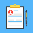 © Jane Kelly - Clipboard with man silhouette icon and pen. Curriculum vitae, job application form with profile photo concepts. Premium quality. Top view. Modern flat design graphic elements. Vector illustration
