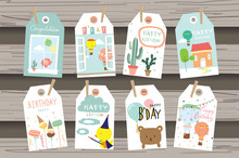 Light Pink Gold Tag Birthday With Bear,house,tree,duck And Ballo