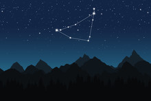 Vector Illustration Of Capricorn Constellation On The Background Of Starry Sky And Night Mountain