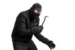 Masked thief in balaclava with crowbar isolated on white