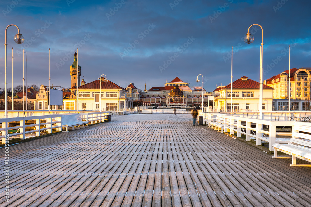 Cold morning, Pier in Sopot at sunrise with amazing colorful sky. Winter in Poland. - obrazy, fototapety, plakaty 