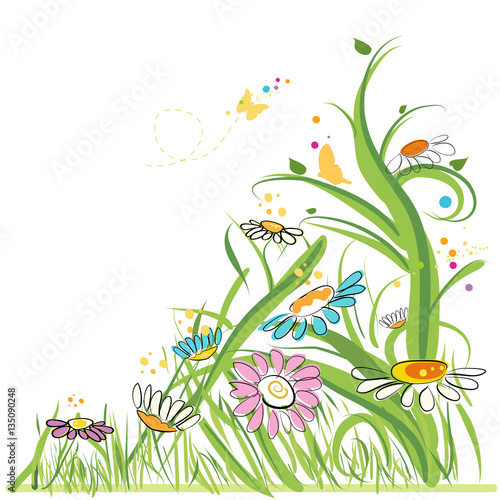 Fototapeta na wymiar Rysunkowe wiosenne kwiaty i owady