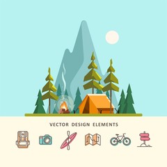 Summer camp. Landscape with yellow tent, campfire, forest and mountains in the background. Sport, camping, adventures in nature, vacation, and tourism vector illustration.