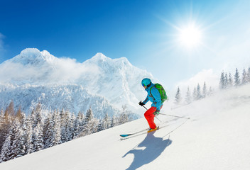 Poster - Free-ride skier in fresh powder snow running downhill