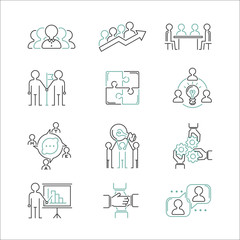 Wall Mural - Business teamwork outline icons vector.