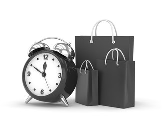 Sticker - alarm clock and shopping bag (time to buy concept). 3d rendering.