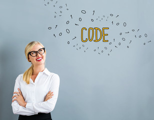 Wall Mural - Code text with business woman