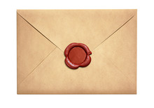 Old Letter Envelope With Red Wax Seal Isolated
