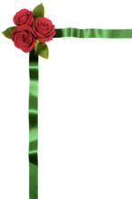 Floral Border Frame, Red Roses, Green Ribbon, Vertical