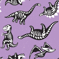 Wall Mural - Adorable seamless pattern with funny dinosaur skeletons in cartoon style