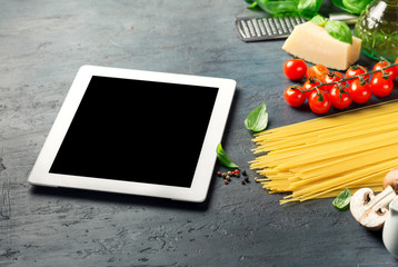 Sticker - Tablet with copy space with Ingredients for cooking Italian past