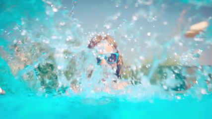 Sticker - Happy child playing in swimming pool. Girl having fun outdoors. Summer vacation and holiday concept. Slow motion