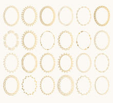 Set Of Golden Oval Hand Drawn Frames. Vector Design Elements. Fancy Illustration. Isolated