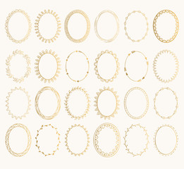 Set of golden oval hand drawn frames. Vector design elements. Fancy illustration. Isolated