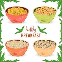 Collection Of Cereal Porridge, Granola, Flakes And Rings In Bowl With Mint Leaves On White Background. Healthy Breakfast. Isolated Elements. Hand Drawn Vector Illustration