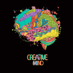 Sticker - Colored sketchy human brain doodle decorative curves, creative mind, learning and design