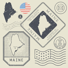 Wall Mural - Retro vintage postage stamps set Maine, United States