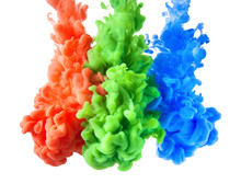 Color Clouds Of Ink In Red Green Blue As Symbol For RGB Additive Color Blending
