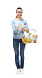 © Africa Studio - Young woman holding full shopping basket and checking grocery list on white background