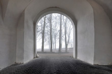 Arch Of The Old Castle On Background Of Trees In The Fog. Grodno, Belarus.