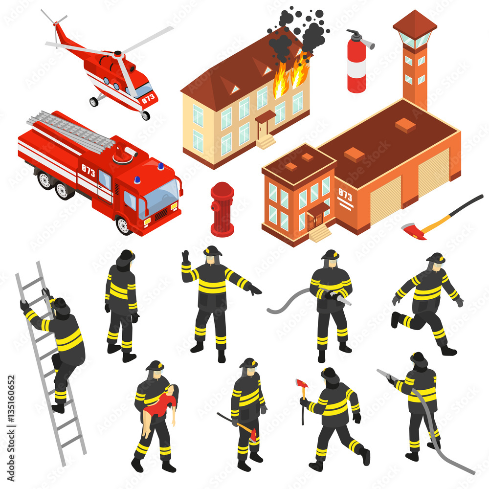 Isometric Fire Department Icon Set Stock Vector | Adobe Stock