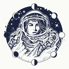 Wall Mural - Woman astronaut tattoo art. Spaceman exploring new planets