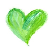 Big Bright Green Heart Painted In Watercolor On Clean White Background