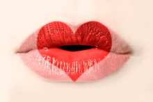 Red Heart Painted On Woman Lips Close Up, Valentines Day Concept