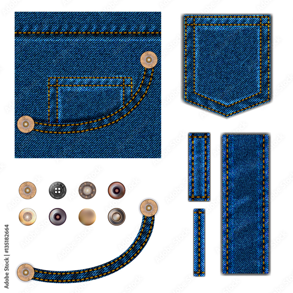 Jeans and buttons. vector illustration set. Blue denim background with ...