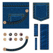 Jeans and buttons. vector illustration set. Blue denim background with pocket, metal snaps collection and texture border elements wth stitch. isolated over white.