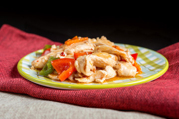 wok fried chicken stir fry with sweet peppers and chinese vegeta