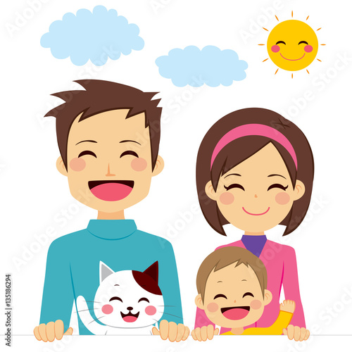 Cute happy family of three members smiling with pet cat holding white banner