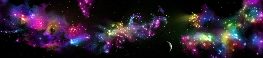 panorama of star clusters. planet against the background galaxies,