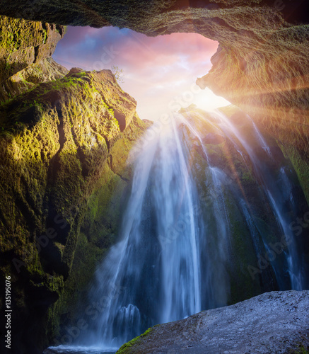 Bottom view of beautiful waterfall - Seljalandfoss
