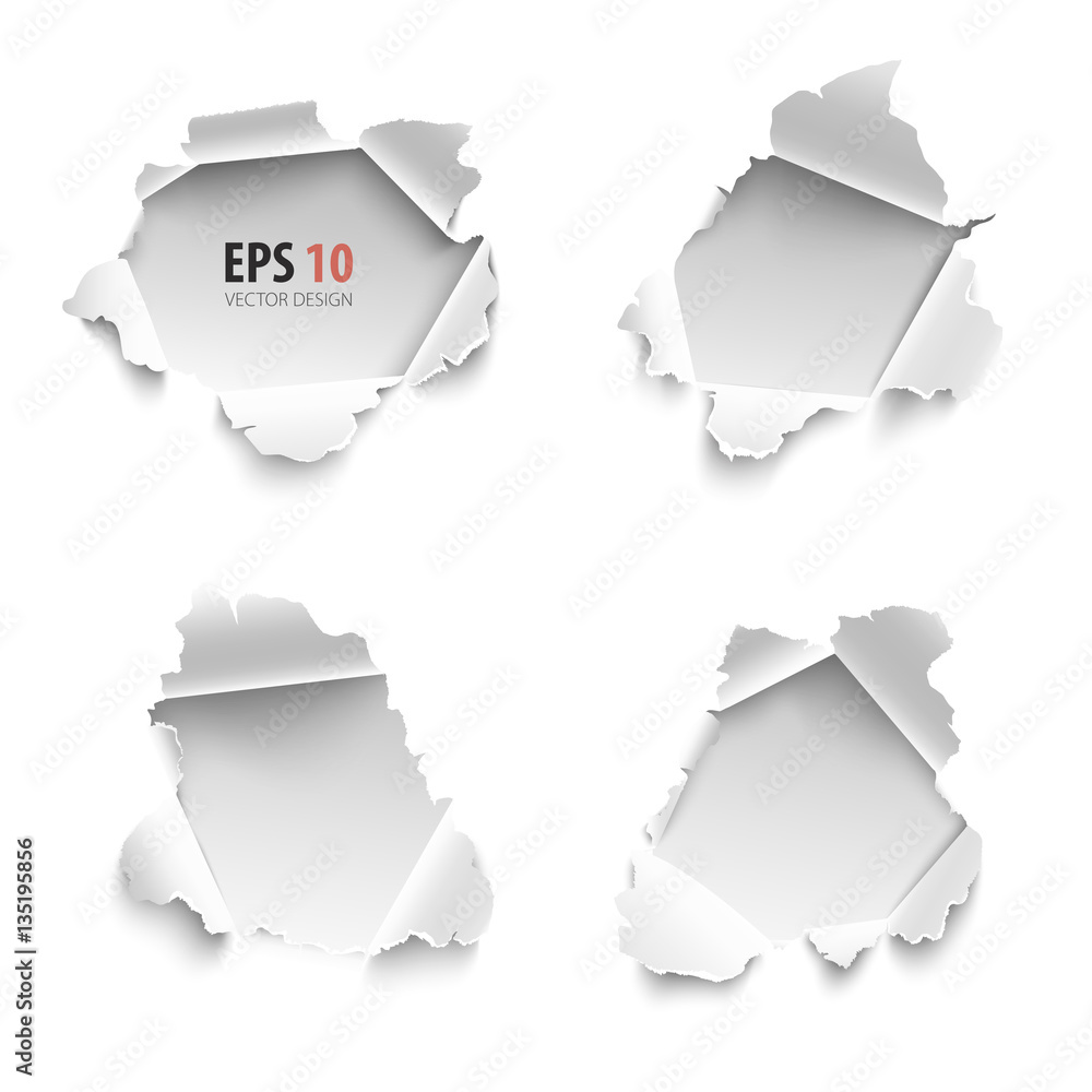 Holes in white paper. Vector illustration. Hole collection of banners for text. Set of realistic torn paper vector isolated on white background. Curled sides with ripped edges.  - obrazy, fototapety, plakaty 