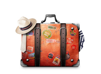 Retro suitcase of a traveler with travel stickers