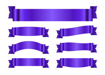 Wall Mural - Ribbon purple banners set. Sign violet satin blank for promotion, web, advertising text. Shiny scrolls design decoration elements. Symbol vintage label, isolated on white. Vector illustration