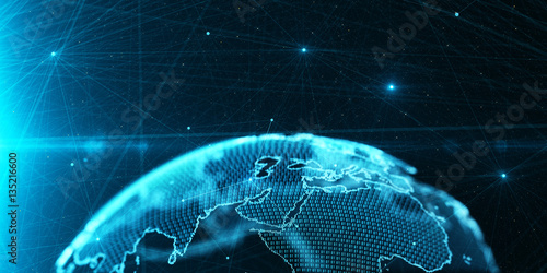 Plakat Komunikacja świat globu cyfrowego / 3D ilustracja systemu komunikacji wirtualnej hologram planety Ziemia